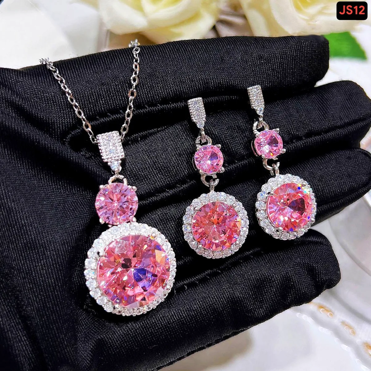 Big Roud Pink Stone Jewellery Set