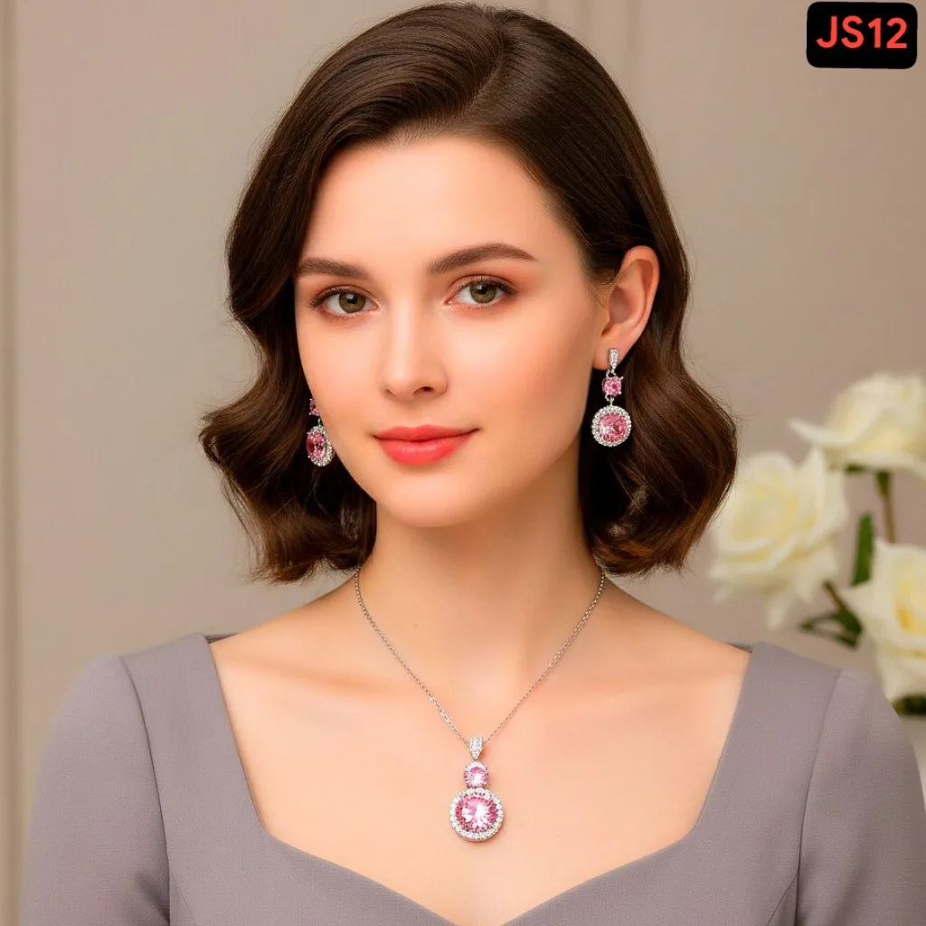 Big Roud Pink Stone Jewellery Set - slide 3